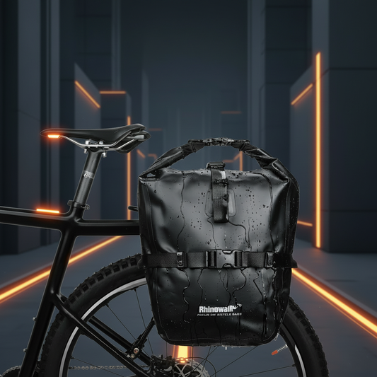 Alforja Rhinowalk 20L en bicicleta con iluminación LED