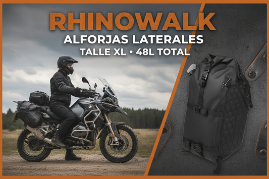 Banner Alforjas Rhinowalk XL con moto visible