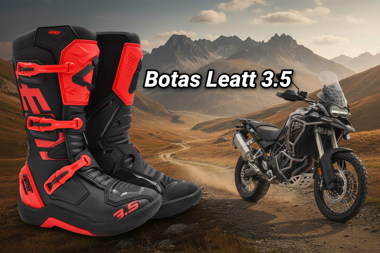 Banner Botas Leatt 3.5 con tipografía Leatt y moto