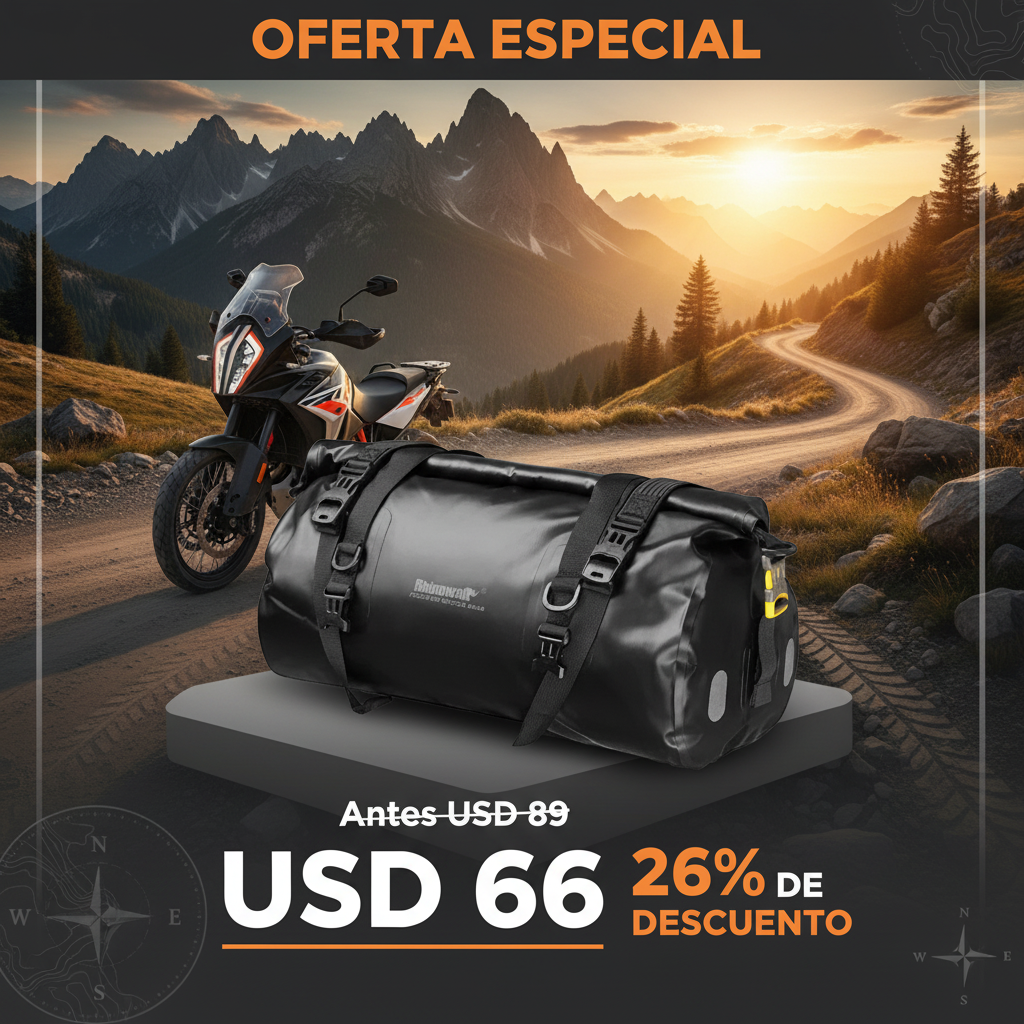 Banner promocional Bolso 25L Rhinowalk - Con moto adventure