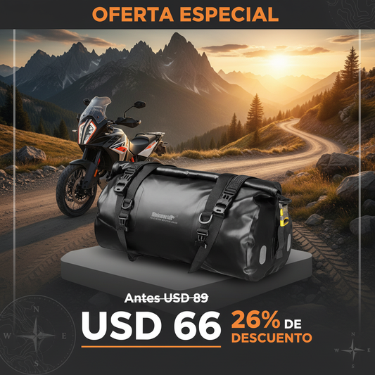 Banner promocional Bolso 25L Rhinowalk - Con moto adventure