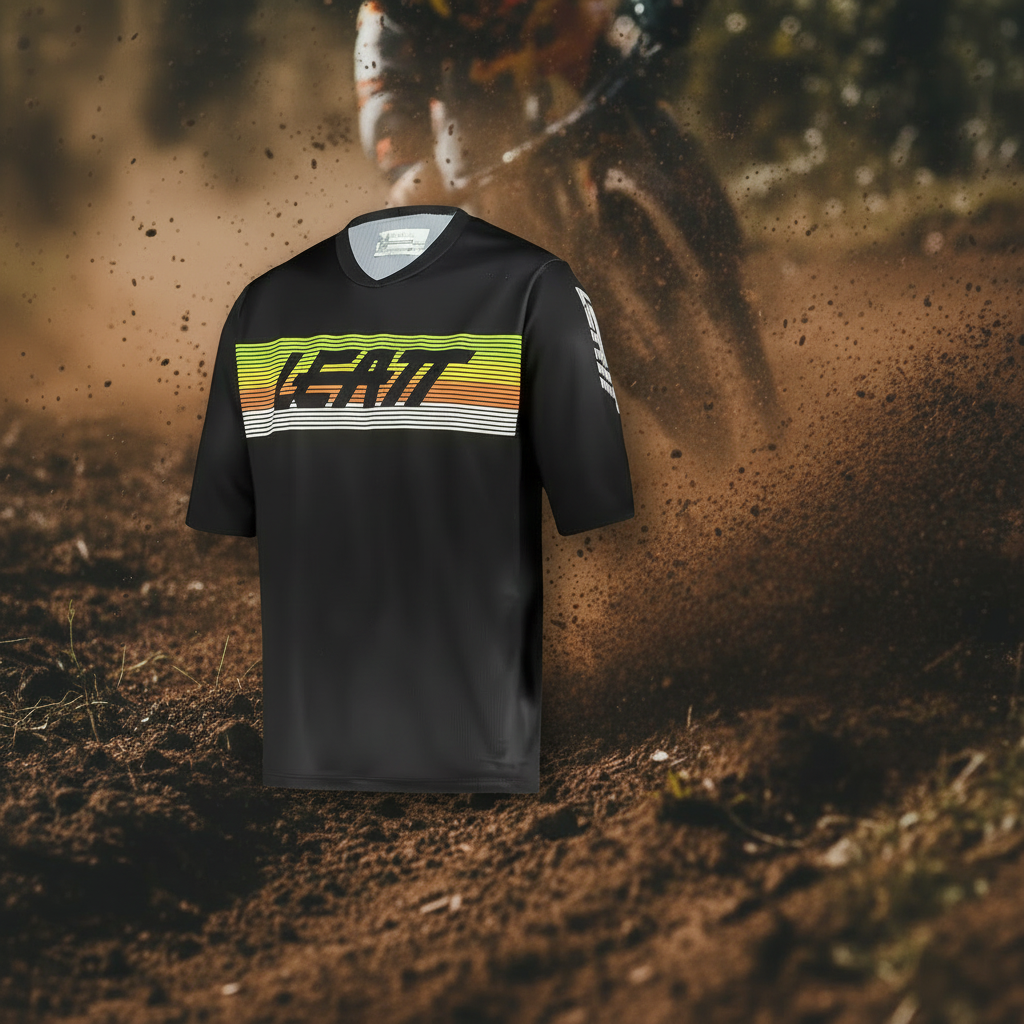 Jersey Leatt MTB Enduro flotando en ambiente de acción